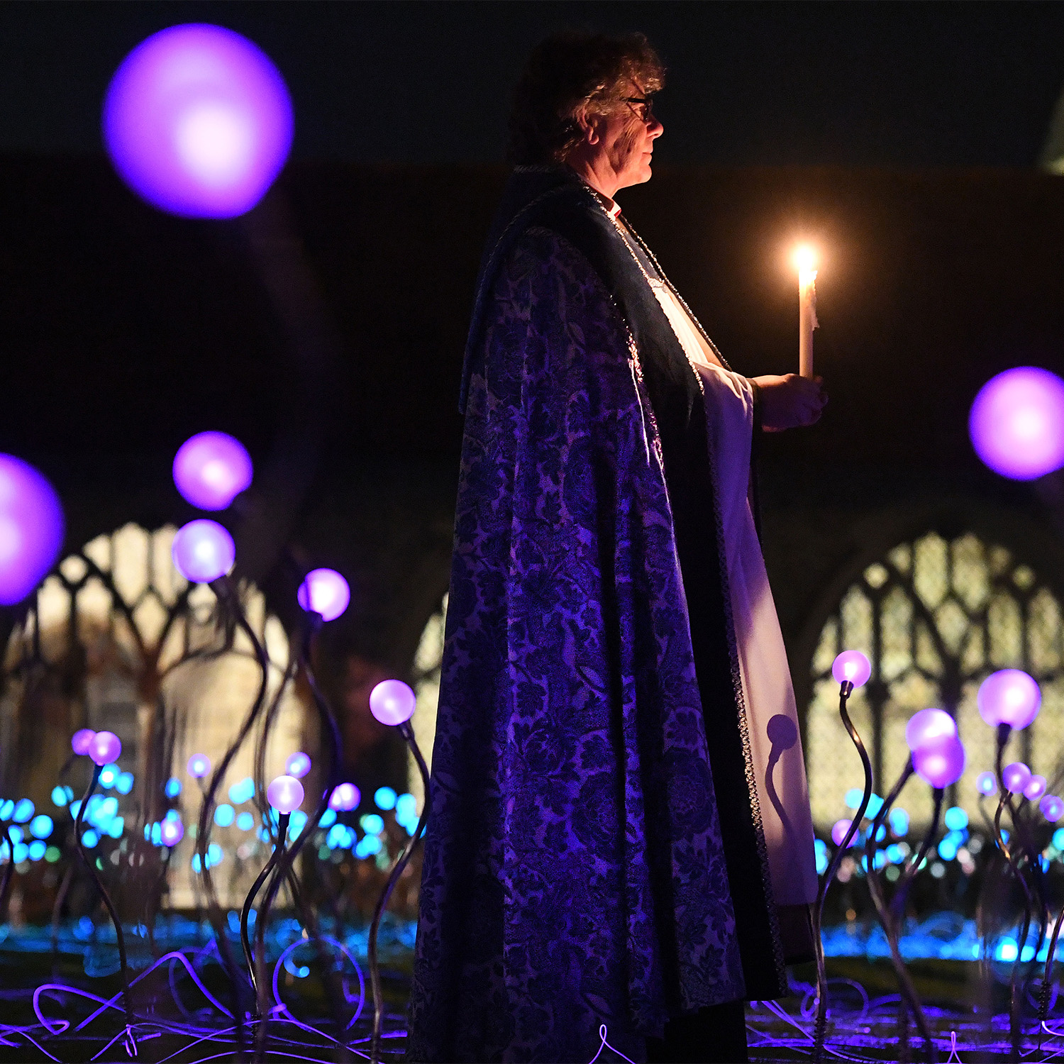 The Dean of Chichester stands in Bruce Munro's Field of Light