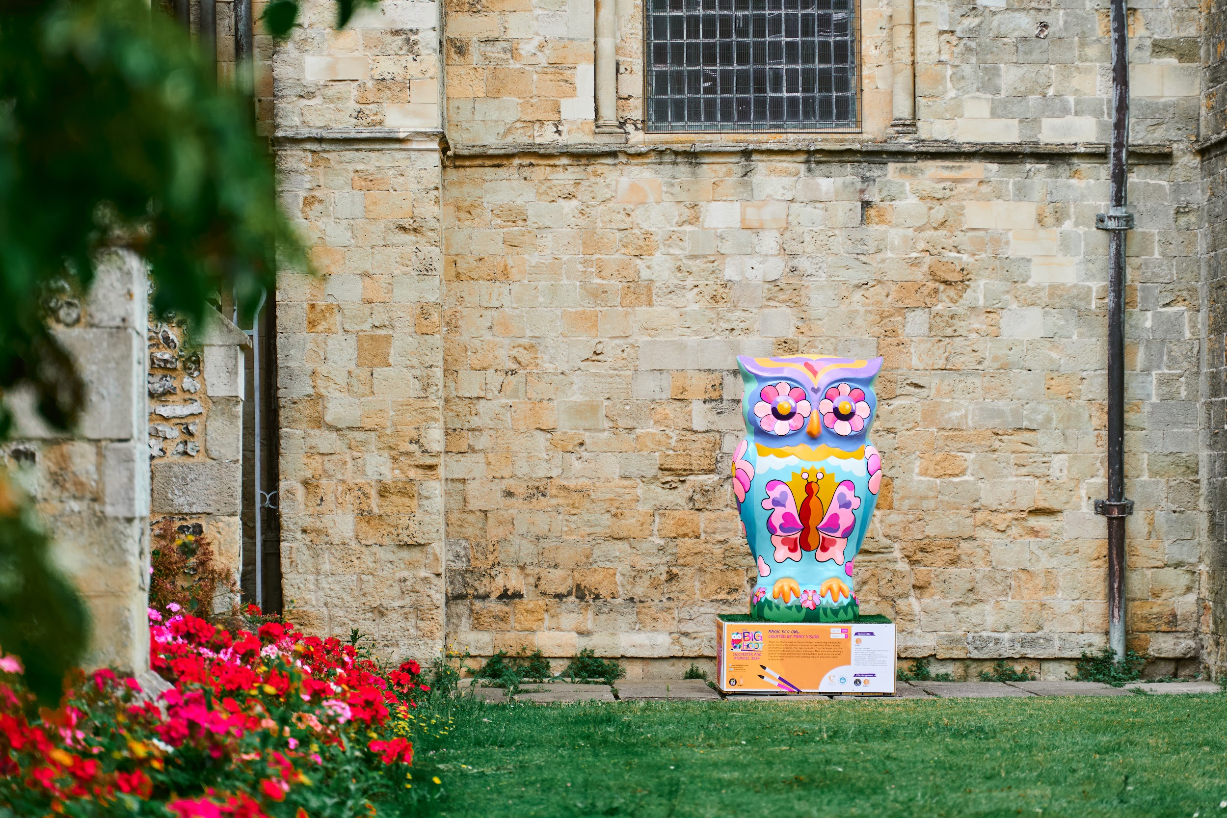 A large painted owl,  'Magic Eco Owl’ as part of 'The Big Hoot' in front of the Cathedral.