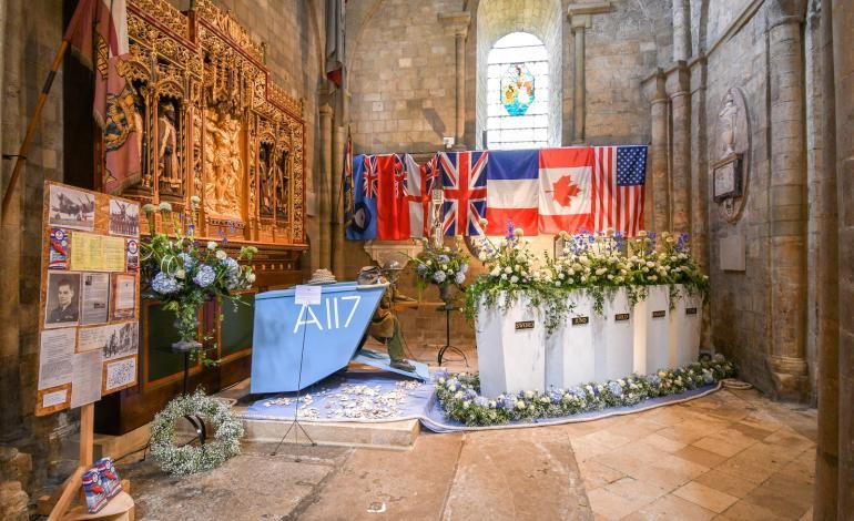 Chapel of St. Michael and All Angels dedicated to sailors with D-Day beach names as part of the arrangement
