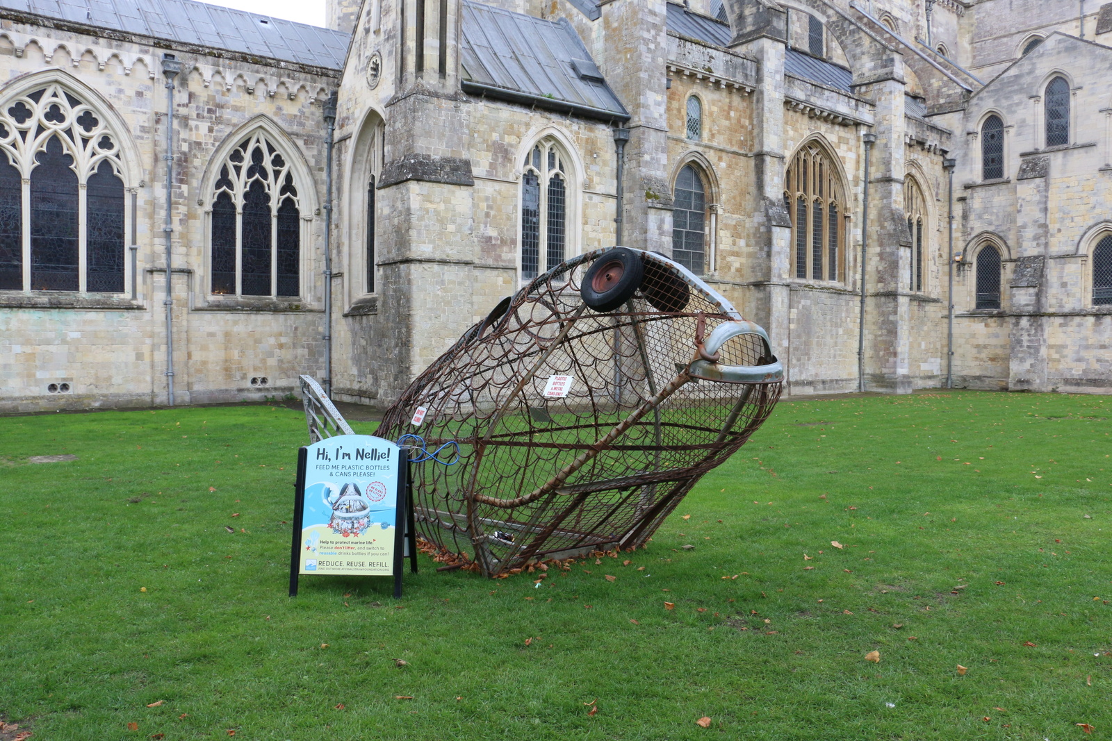 Nellie the Final Fat Fish, a metal sculpture bin that is 6 metres long and made entirely from scrap metal – wheel arches, old boat trailers, the frames from old warehouse trolleys and old chicken wire.